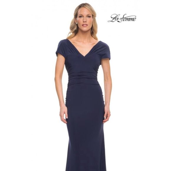 La Femme Womens Size 8 Navy Blue Jersey Evening Gown Maxi Dress Cocktail Wedding - Picture 4 of 12
